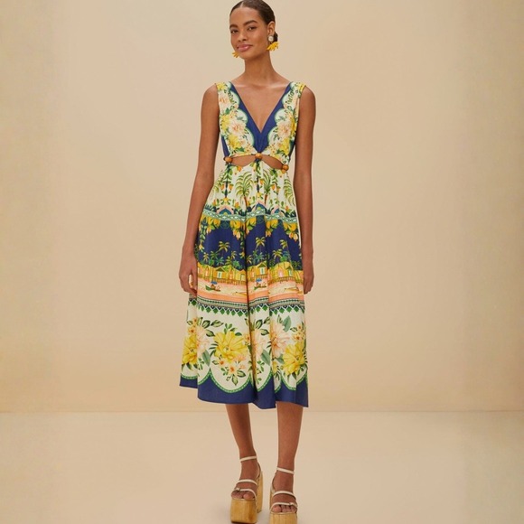 FARM Rio Amazon Garden Cream Midi Dress NWT Size XS Floral Print Beach Resor